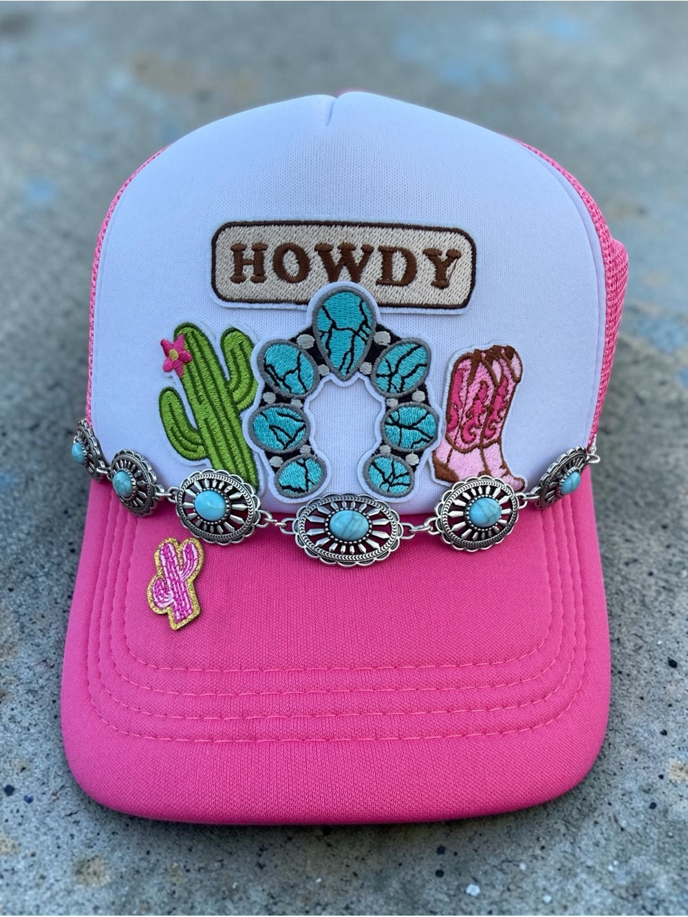 Howdy Pink Trucker Hat with Turquoise Concho Accent